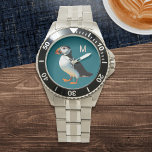 Monogram av atlantisk puffin Coastal Wildlife Sea  Armbandsur<br><div class="desc">Njut av atlantisk puffin med den här eleganten klockan. Den här tidsramen är en illustration av den berömvärda havsbottnen mot en havsblå bakgrund och är en perfekt för alla som tittar för en snyggt, naturinspirerad design. Titta på ansikte kan vara personlig med ditt första monogram och lägga till en anpassningsbar...</div>
