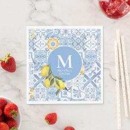 Monogram av citronfrukt, blå bricka pappersservett