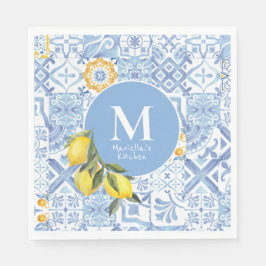 Monogram av citronfrukt, blå bricka pappersservett