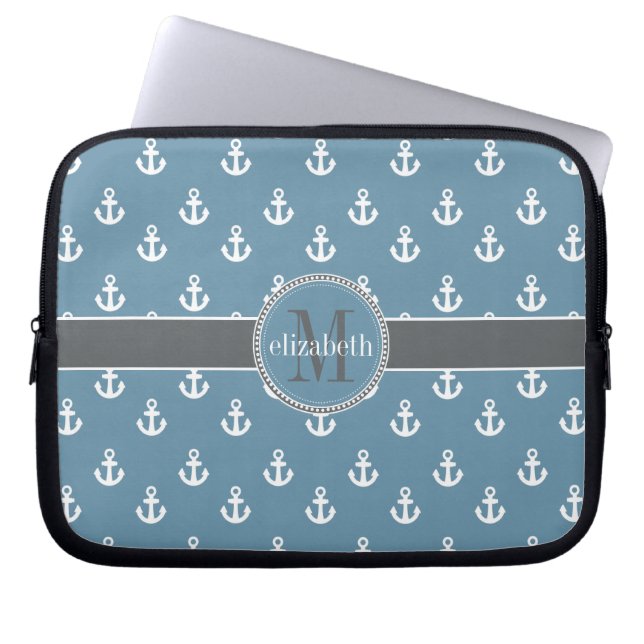 Monogram av den vita Frakten Himlar Blue Grått Laptop Sleeve (Framsidan)