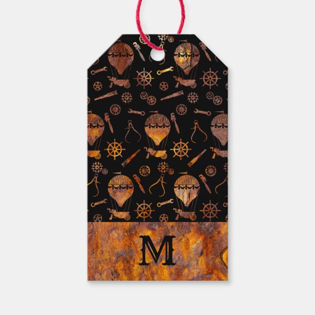 Monogram av färgstarka Rusty Steampunk-ballonger Presentetikett (Framsidan)