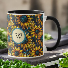 Monogram av fastfärgat glas i guld och teal solros mugg