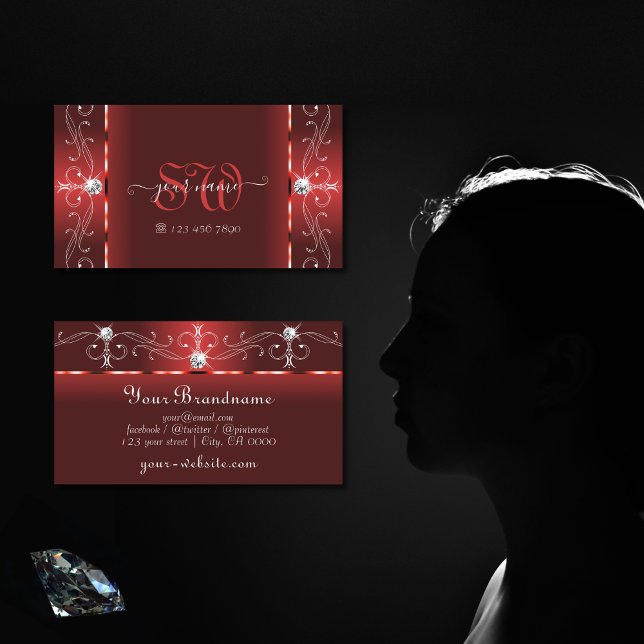 Monogram av öga-fångsten Rubby Red Squiggled Jewel Visitkort (Skapare uppladdad)