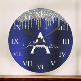 Monogram av Silver, blå Glitter, borstad Metall Stor Klocka