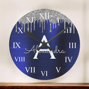 Monogram av Silver, blå Glitter, borstad Metall Stor Klocka