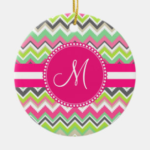 Monogram Aztec Andes Tribal Mountains Chevron Julgransprydnad Keramik