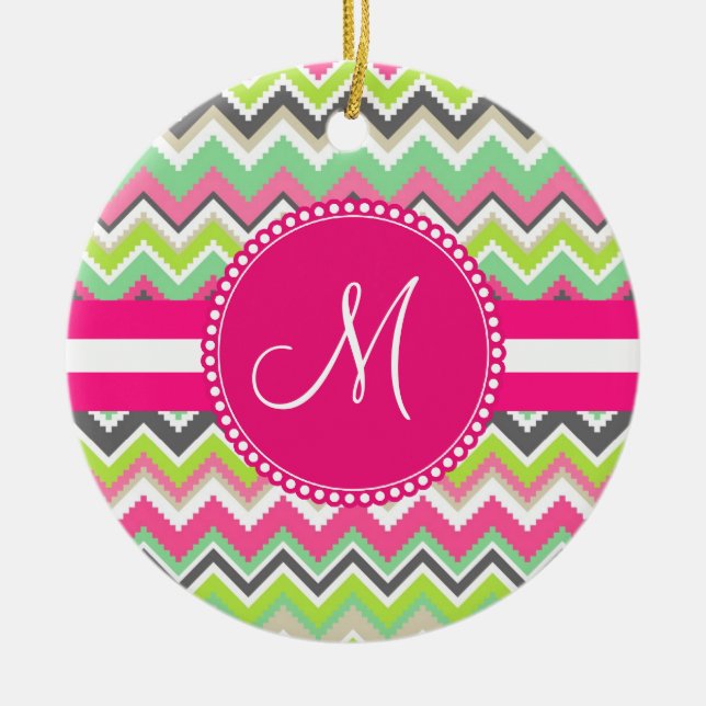 Monogram Aztec Andes Tribal Mountains Chevron Julgransprydnad Keramik (Framsidan)