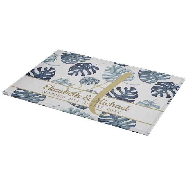 Monogram Azure Blue Tropical Lövs Guld Newlyweds (Hörn)