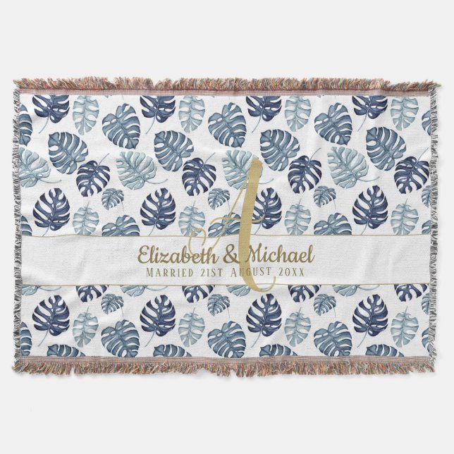 Monogram Azure Blue Tropical Lövs Guld Newlyweds Filt (Framsidan)