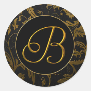 Monogram B Guld och Svart-Damaskonsförsegling Runt Klistermärke