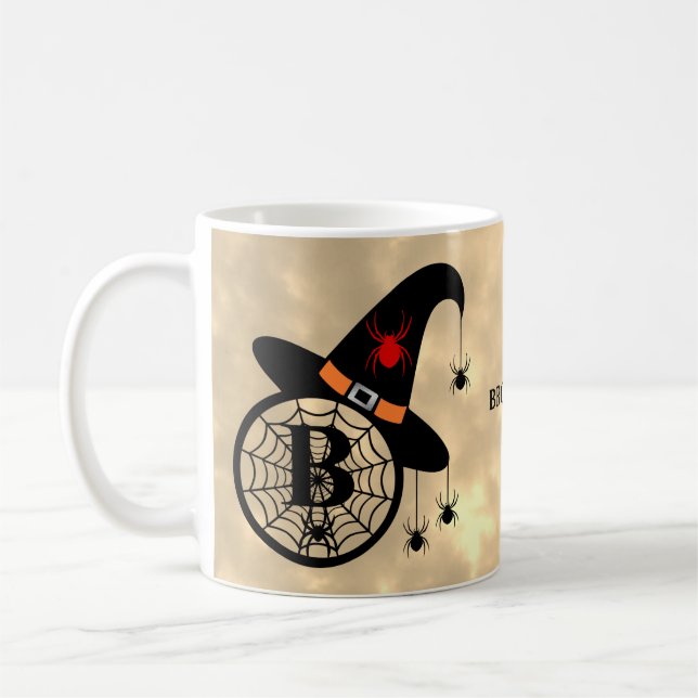 Monogram B Halloween Himlar Witch Spiders Namn Kaffemugg (Vänster)