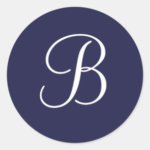Monogram B i vitt på marinblått, Runt Klistermärke