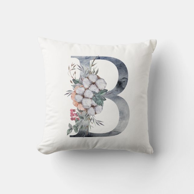 Monogram B Initial B, Akvarellblå Persika Rosa   Kudde (Framsida)