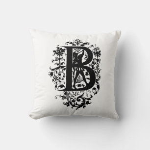 Monogram B Inledande svartvitt Blommönster Kudde