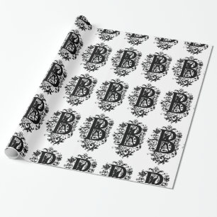 Monogram B Inledande svartvitt Blommönster Presentpapper
