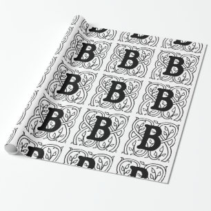 Monogram B Inledande svartvitt Blommönster Presentpapper