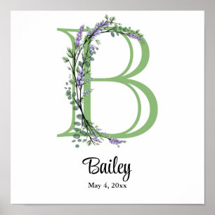 Monogram B Lavendel Eukalyptus barnkammare Affisch