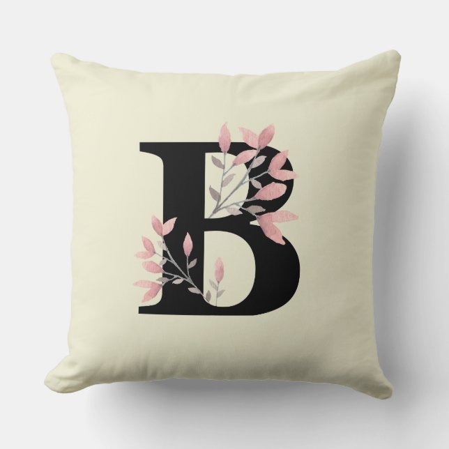 Monogram B med rosa blomsterdekorationer Kudde (Framsida)
