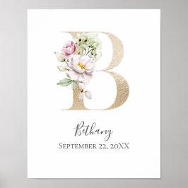 Monogram B Rosa White Blommigt Guld Brev Nursery Poster