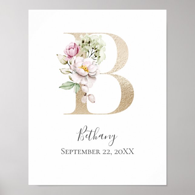 Monogram B Rosa White Blommigt Guld Brev Nursery Poster (Framsidan)