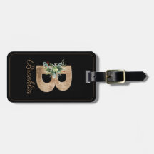 Monogram B wood letter red flower Luggage Tag