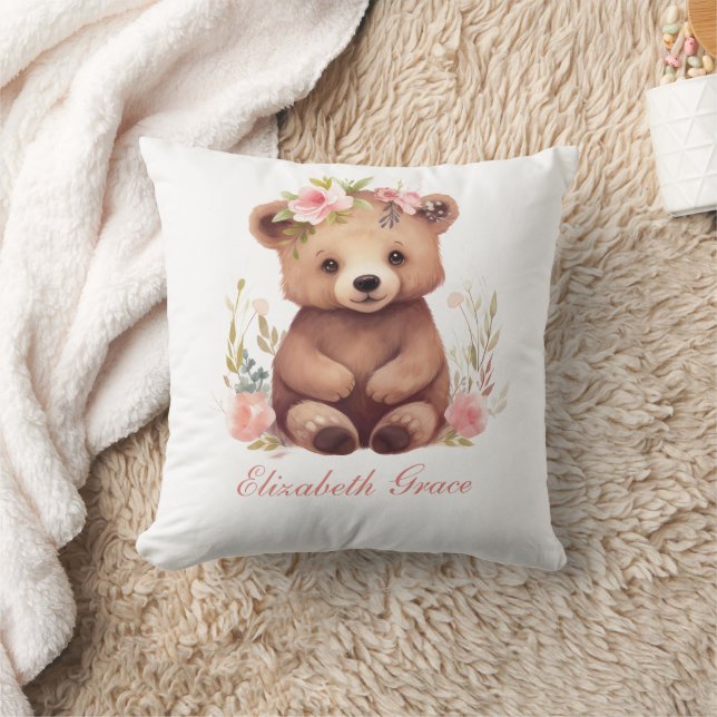 Monogram Baby Bear Girls Rosa Flowers Nursery Kudde (Filt)