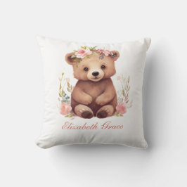 Monogram Baby Bear Girls Rosa Flowers Nursery Kudde