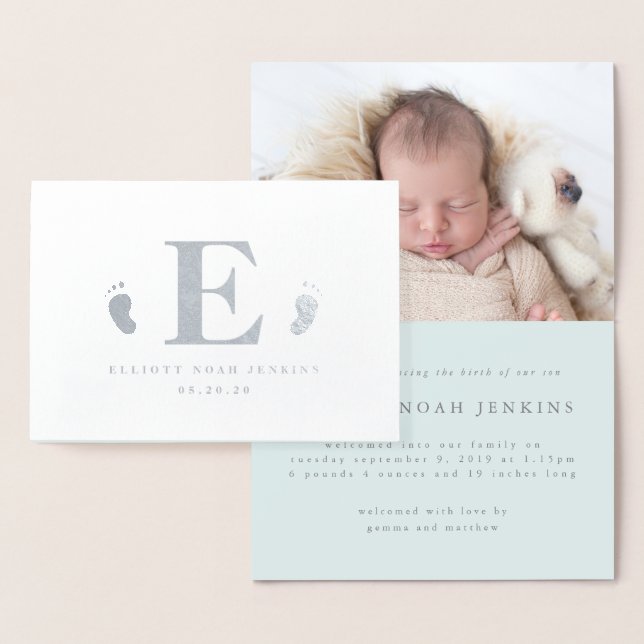 Monogram baby fött foto födelsemeddelande folierat kort (Display)