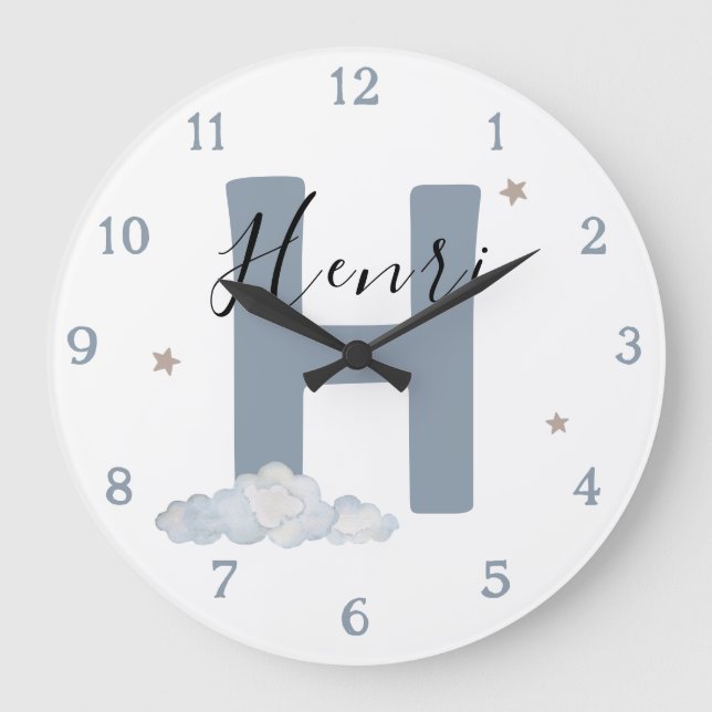 Monogram Baby Initial & Name Nursery Wall Clock Stor Klocka (Framsida)