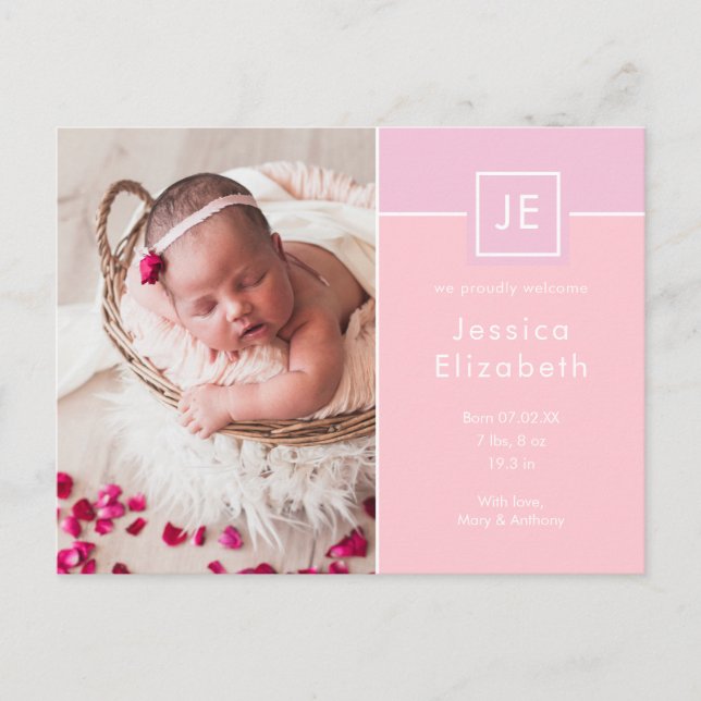 Monogram Baby Photos Elegant Rosa Modern Birth Meddelande Vykort (Framsida)