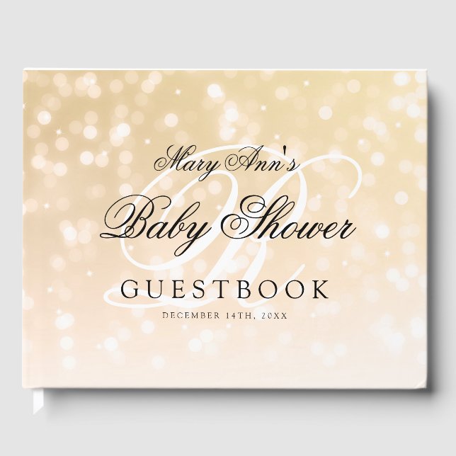 Monogram Baby Shower Guld Bokeh Gnistra Ljus Gästböcker (Framsida)