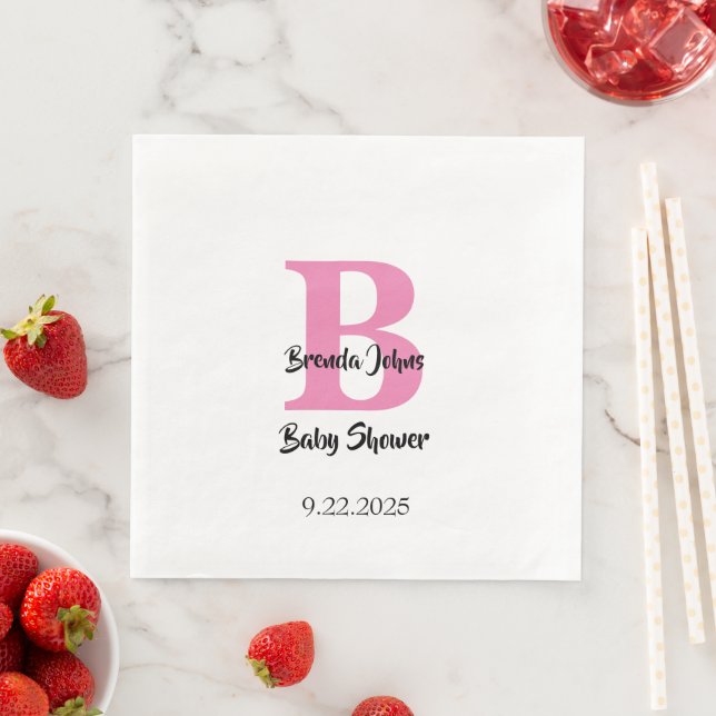 Monogram Baby Shower Rosa White Cute Elegant Pappersservett (Insitu)