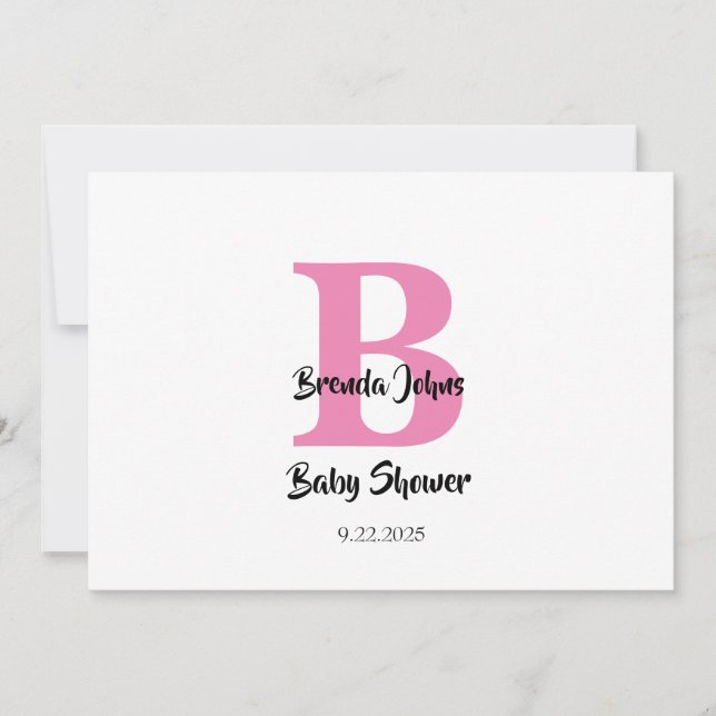 Monogram Baby Shower Rosa White Cute Trendig Inbjudningar (Framsida)