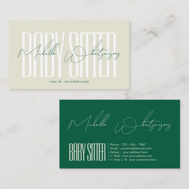 Monogram BABY SITTER modern skrift Visitkort (Fram/baksida)