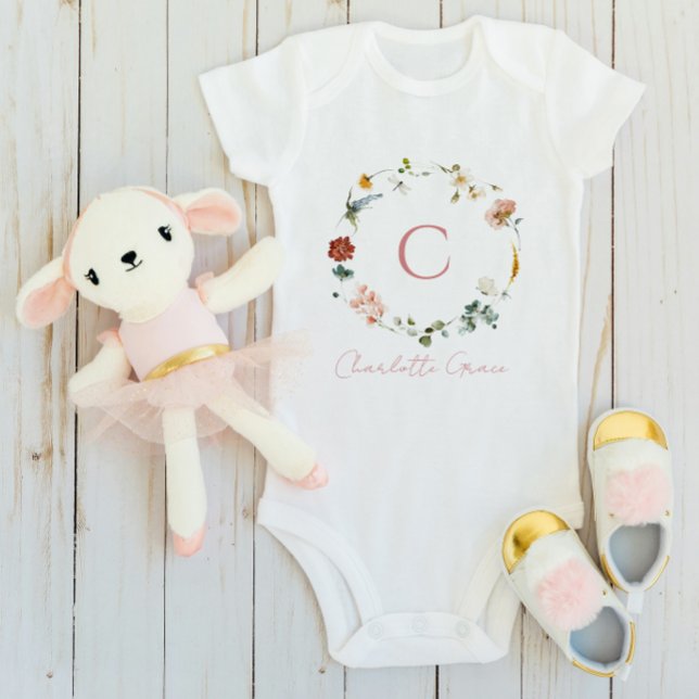 Monogram Babyflicka Rosa Akvarell Blommig T Shirt (Monogram Baby Bodysuit)