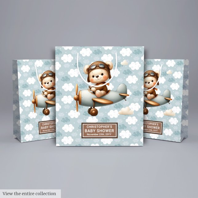 Monogram babystöttsedel med pilotteckning (Personalized Baby Boy Shower Bag With Bear Pilot)
