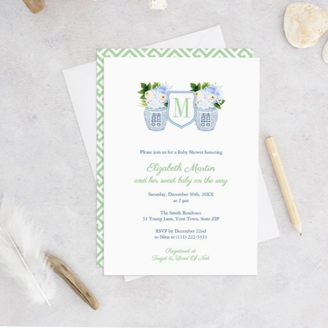 Monogram babystövel i Blommigten Preppy Pistachio  Inbjudningar (Monogram Green And White Gender Neutral Baby Shower Invitation )