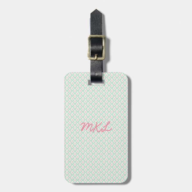 Monogram Bagagelapp | Pastell Mönster Grön & Rosa (Vertikal Framsida)