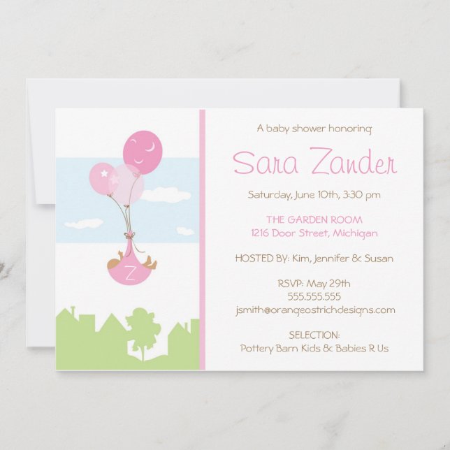 Monogram Ballong Baby Shower Inbjudan - Flicka (Framsida)