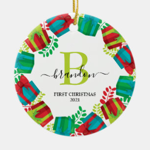 Monogram Barnamn Första Julen Xmas Krans Julgransprydnad Keramik