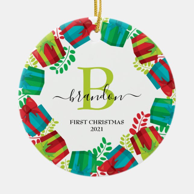 Monogram Barnamn Första Julen Xmas Krans Julgransprydnad Keramik (Framsidan)