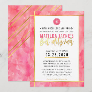 MONOGRAM BAT MITZVAH korall rosa guld rand Inbjudningar