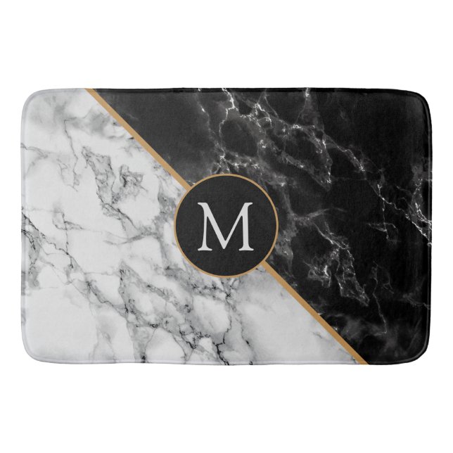 Monogram Bath Mat med svart och vit marbel Badrumsmatta (Framsidan)