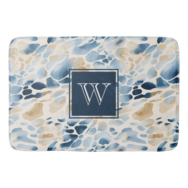 Monogram Beach Blue och Tan Wave Mönster Bath Mat Badrumsmatta (Framsidan)