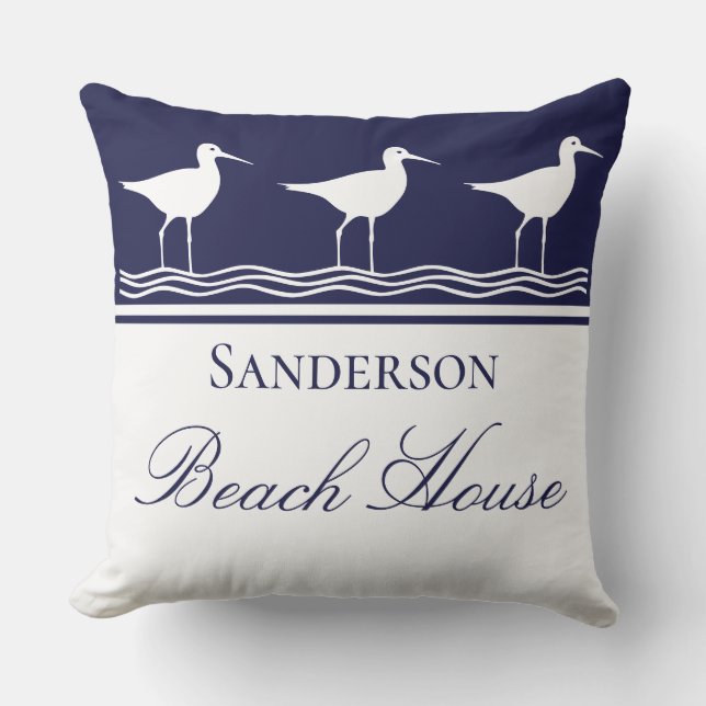 Monogram Beach house navy Blue Sandpipers Kudde (Framsida)