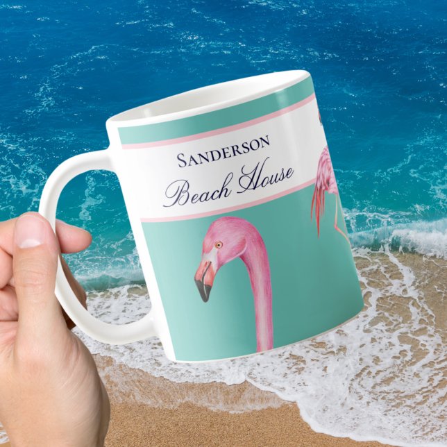 Monogram Beach House Teal Flamingos marblå Kaffemugg (Skapare uppladdad)