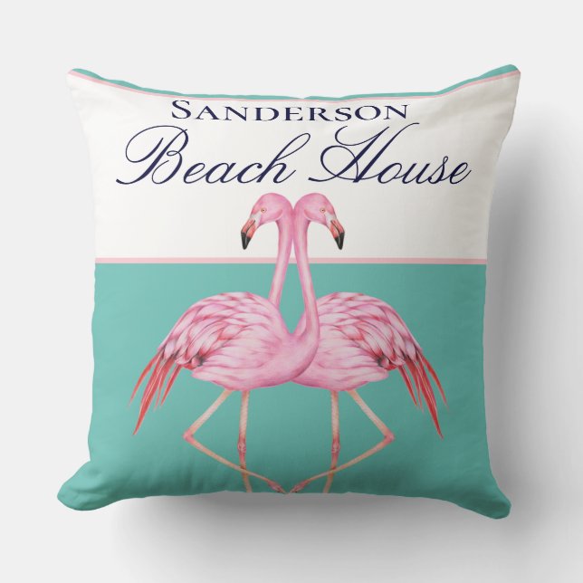 Monogram Beach House Teal Flamingos marblå Kudde (Framsida)