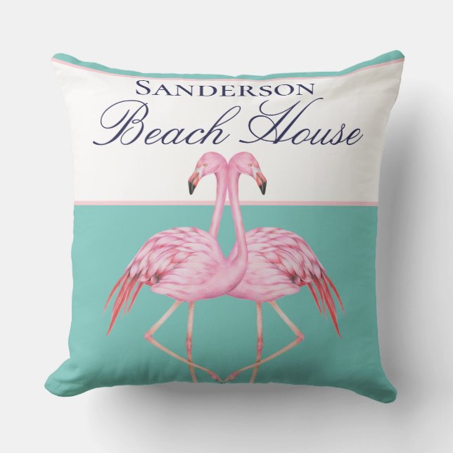 Monogram Beach house Teal navy blue Flamingos Kudde (Framsida)