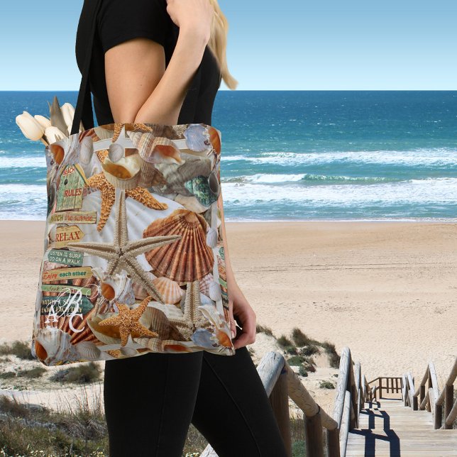 Monogram Beach Snäcka Starfish Mönster Tote Bag Tygkasse (Skapare uppladdad)