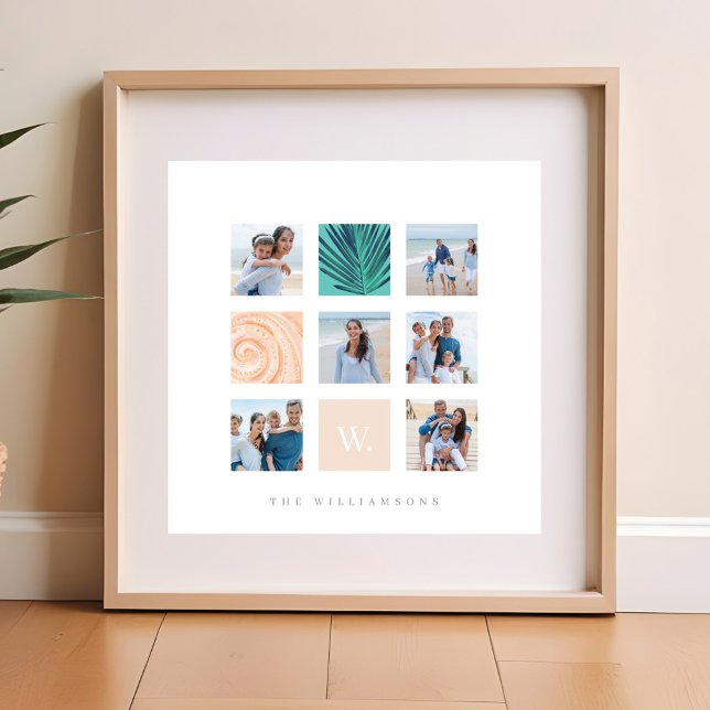 Monogram Beach-tema för fotokollage i anpassningsb Poster (Custom Family Photo Collage Monogram Beach Theme Poster)